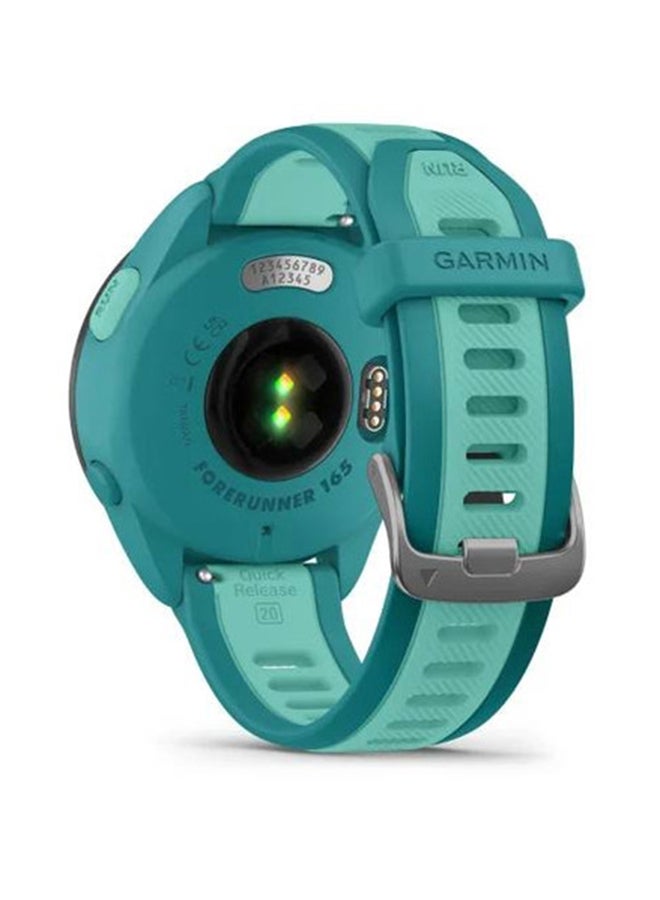 GARMIN - Forerunner 165 Music - 43MM - Up To 11 Days Battery Life - 1.2"inch Amoled Display, Scratch Resistant, Chemically Strengthened Glass, Heart Rate Monitor, Stress Tracking, Save Music On Device, Advanced GPS and Running Features, Built-in GNSS and Sports App, iOS and Android Compatible Turquoise/Aqua - Image 1