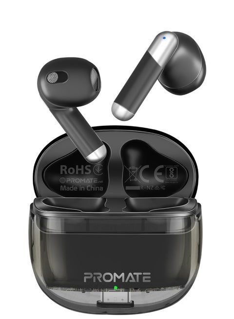 Earbuds, In-Ear True Wireless Bluetooth v5.3 Earphones with Transparent Case, 26-hour Playback Time, Intelligent Touch Controls and 350mAh Battery Capacity for iPhone, Galaxy, TransPods Black