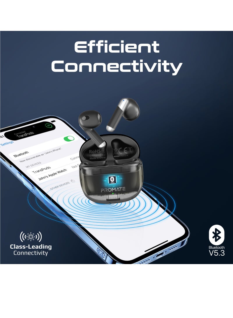 بروميت - سماعات أذن، سماعات أذن بلوتوث لاسلكية v5.3 مع حافظة شفافة، وقت تشغيل 26 ساعة، أدوات تحكم ذكية باللمس وسعة بطارية 350 مللي أمبير في الساعة لهواتف iPhone وGalaxy وTransPods أسود - Image 1