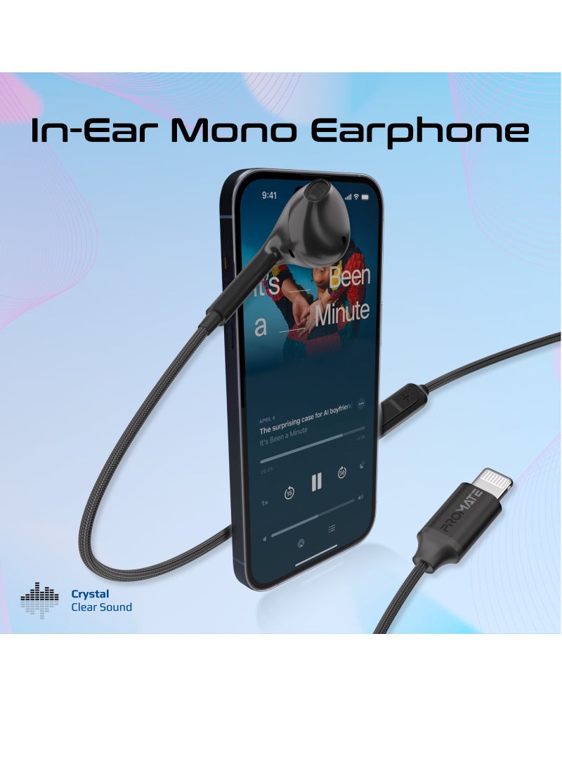PROMATE Mono Earbuds with Lightning Connector, Ergonomic MFi Certified HD Mono Earphone with Mic, Noise Isolation, Call Function, and In-Line Volume Control for iPhone, iPad Air, IPod, MonoPod-LT Black  - Image 2