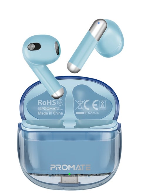 Earbuds, In-Ear True Wireless Bluetooth v5.3 Earphones with Transparent Case, 26-hour Playback Time, Intelligent Touch Controls and 350mAh Battery Capacity for iPhone, Galaxy, TransPods Blue