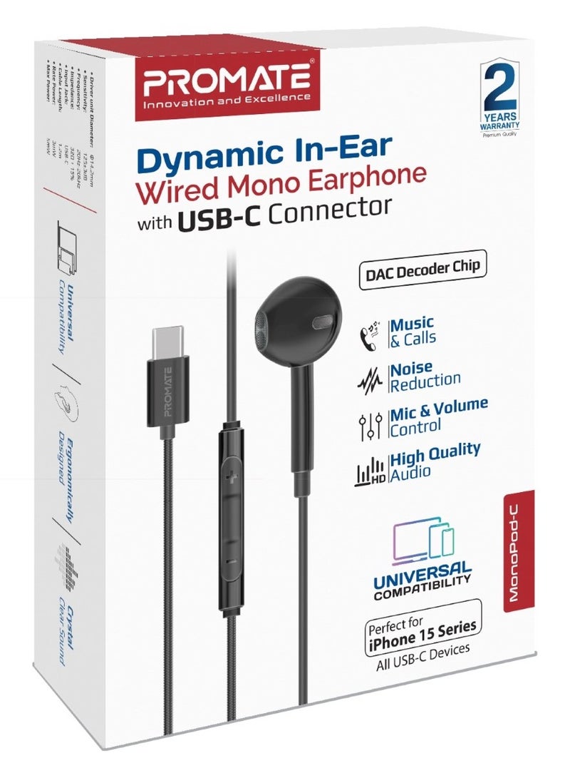 سماعات أذن مع موصل USB-C، سماعة أذن مريحة USB-C HD أحادية مع ميكروفون، عزل الضوضاء، وظيفة الاتصال، والتحكم في مستوى الصوت في الخط لأجهزة iPhone 15، iPad Air، IPod، MonoPod-C أسود