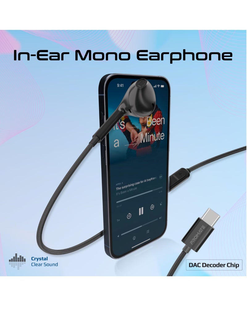 سماعات أذن مع موصل USB-C، سماعة أذن مريحة USB-C HD أحادية مع ميكروفون، عزل الضوضاء، وظيفة الاتصال، والتحكم في مستوى الصوت في الخط لأجهزة iPhone 15، iPad Air، IPod، MonoPod-C أسود