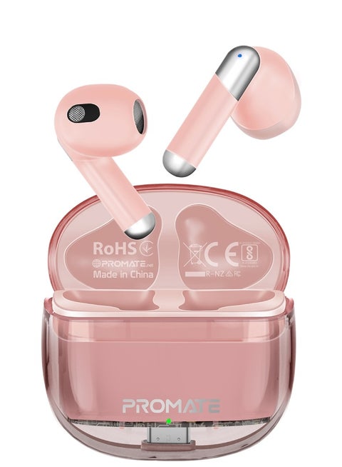 Earbuds, In-Ear True Wireless Bluetooth v5.3 Earphones with Transparent Case, 26-hour Playback Time, Intelligent Touch Controls and 350mAh Battery Capacity for iPhone, Galaxy, TransPods Pink