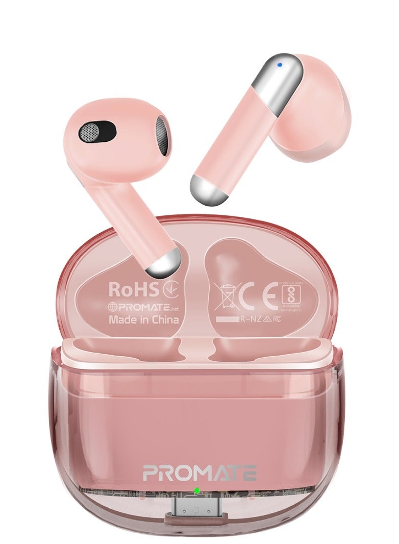 PROMATE - Earbuds, In-Ear True Wireless Bluetooth v5.3 Earphones with Transparent Case, 26-hour Playback Time, Intelligent Touch Controls and 350mAh Battery Capacity for iPhone, Galaxy, TransPods Pink - Image 1