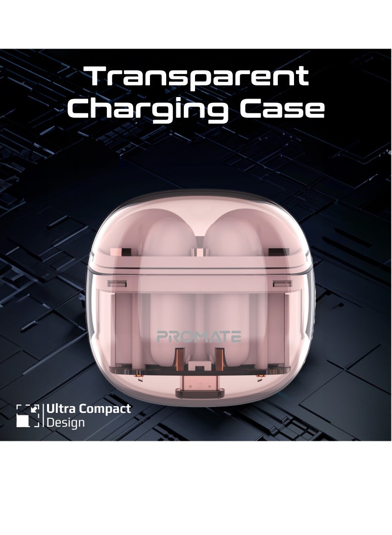 PROMATE - Earbuds, In-Ear True Wireless Bluetooth v5.3 Earphones with Transparent Case, 26-hour Playback Time, Intelligent Touch Controls and 350mAh Battery Capacity for iPhone, Galaxy, TransPods Pink - Image 1