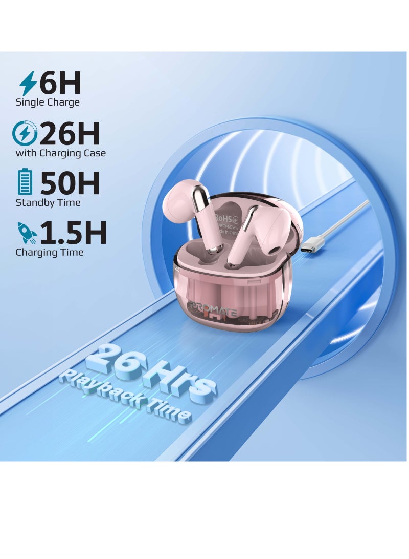PROMATE - Earbuds, In-Ear True Wireless Bluetooth v5.3 Earphones with Transparent Case, 26-hour Playback Time, Intelligent Touch Controls and 350mAh Battery Capacity for iPhone, Galaxy, TransPods Pink - Image 1