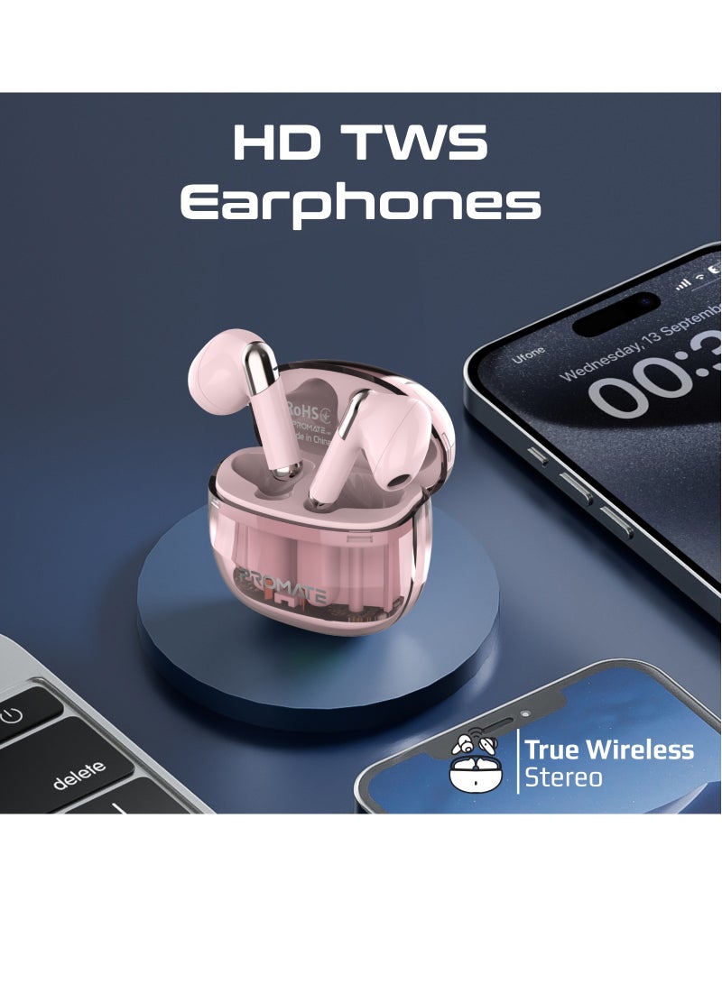PROMATE - Earbuds, In-Ear True Wireless Bluetooth v5.3 Earphones with Transparent Case, 26-hour Playback Time, Intelligent Touch Controls and 350mAh Battery Capacity for iPhone, Galaxy, TransPods Pink - Image 1
