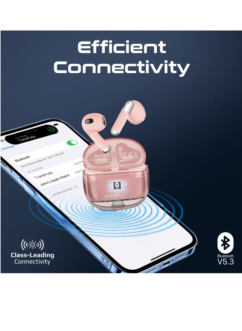 PROMATE - Earbuds, In-Ear True Wireless Bluetooth v5.3 Earphones with Transparent Case, 26-hour Playback Time, Intelligent Touch Controls and 350mAh Battery Capacity for iPhone, Galaxy, TransPods Pink - Image 1