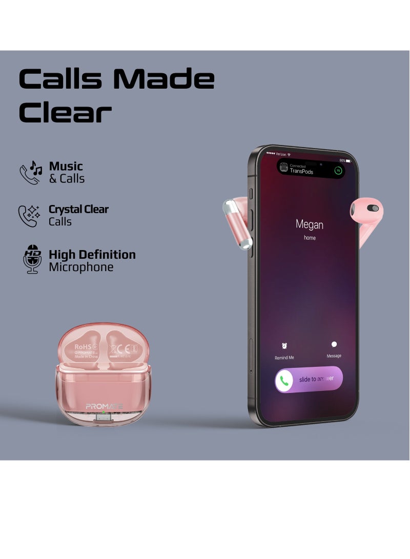 PROMATE - Earbuds, In-Ear True Wireless Bluetooth v5.3 Earphones with Transparent Case, 26-hour Playback Time, Intelligent Touch Controls and 350mAh Battery Capacity for iPhone, Galaxy, TransPods Pink - Image 1