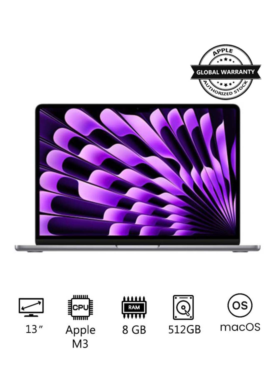 MacBook Air MRXP3 | 13 Inch Display | Apple M3 Chip | 8-Core CPU and 10-Core GPU | 8GB RAM | 512GB SSD | macOS | English And Arabic Keyboard | Space Grey