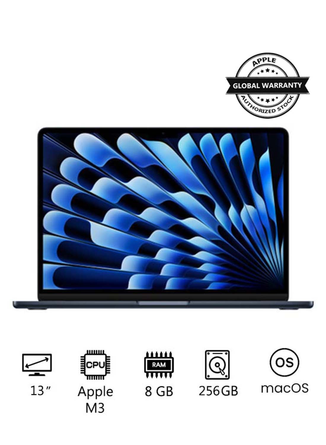 New 2024 MacBook Air MRXV3 13-inch Display, Apple M3 Chip 8-Core CPU 8-Core GPU Processor/8GB RAM/256GB SSD/Intel UHD Graphics/ English/Arabic Midnight