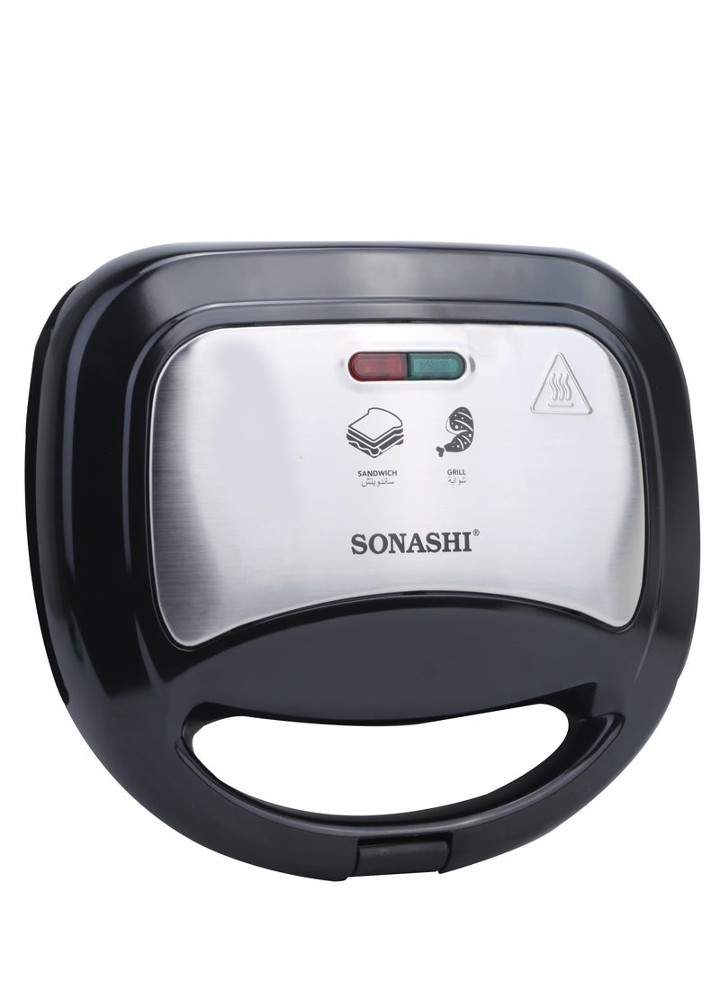 SONASHI 2 Slice Grill Maker – Non-Stick, Stainless Steel Sandwich Maker with Handle Locking System, Indicator Light, Overheat Protection 750 W SGT-883 Black/Silver - Image 4