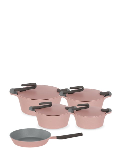 Granite set of healthy non-stick rounded kitchen cookware made of Pyrex artisan granite, consisting of 9 pieces, with a rose frying pan. pink