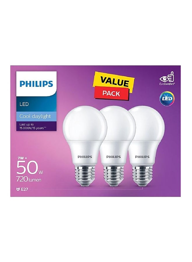 Philips 3-Piece 7W E27 6500K Energy-Efficient Non Dimmable LED Bulb Set Cool Daylight PHI-929002299186 
