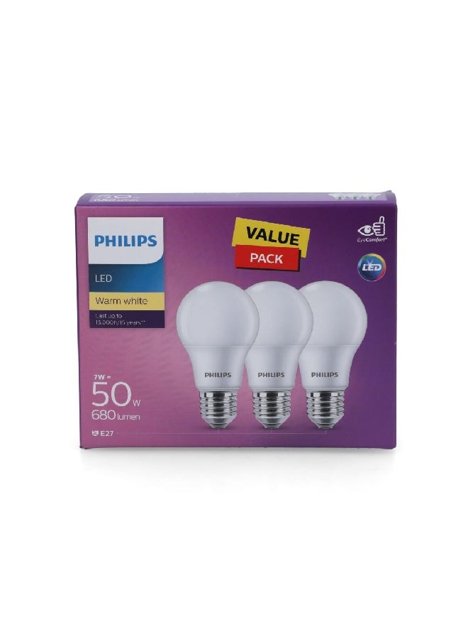 فيليبس طقم لمبات LED طويلة الأمد 7 واط 3 قطع 680 لومن E27 دافئ أبيض PHI-929002298986  - Image 2