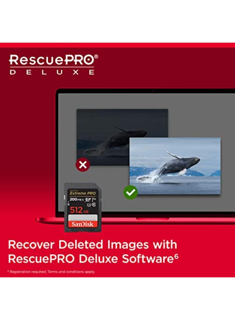 سانديسك - بطاقة Extreme PRO SDXC سعة 512 جيجابايت + RescuePRO Deluxe، بسرعة تصل إلى 200 ميجابايت/ثانية، UHS I، Class 10، U3، V30 SDSDXXD 512G GN4IN 512 جيجابايت - Image 1