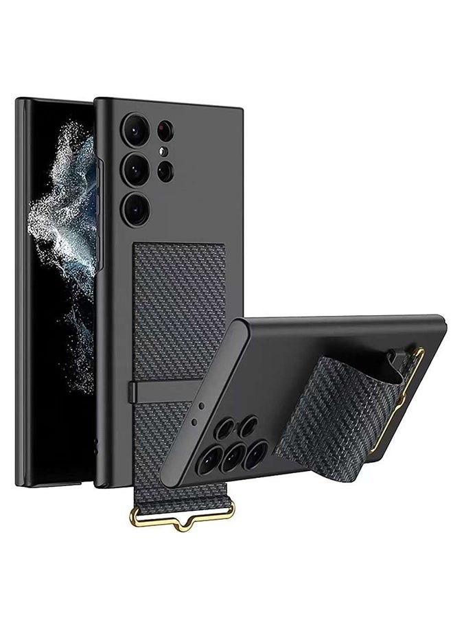 MARGOUN Samsung Galaxy S24 Ultra Case Ultra-Thin Hard Shockproof PC And PU Leather Wristband Cover Phone Case Luxury Slim Wrist Strap Kickstand Full Protective Anti-Scratch Case Black - Image 1