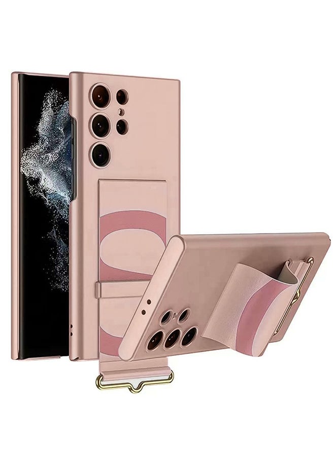 MARGOUN Samsung Galaxy S24 Ultra Case Ultra-Thin Hard Shockproof PC And PU Leather Wristband Cover Phone Case Luxury Slim Wrist Strap Kickstand Full Protective Anti-Scratch Case Pink - Image 1