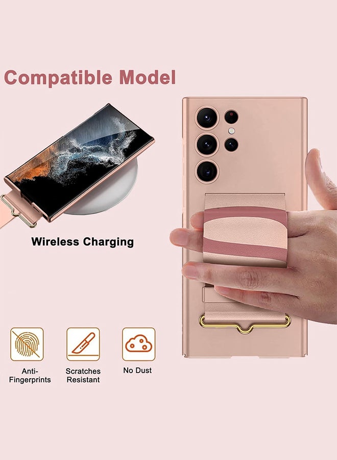 MARGOUN Samsung Galaxy S24 Ultra Case Ultra-Thin Hard Shockproof PC And PU Leather Wristband Cover Phone Case Luxury Slim Wrist Strap Kickstand Full Protective Anti-Scratch Case Pink - Image 2