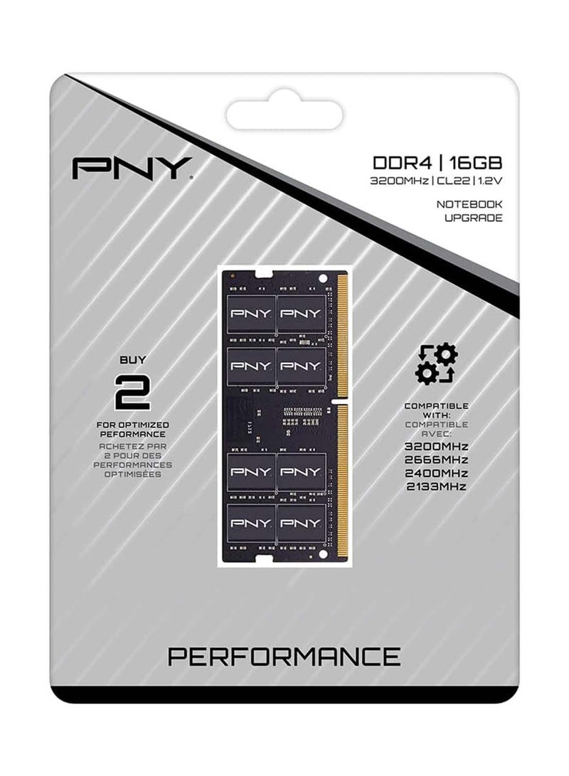 بي إن واي - الأداء 16 جيجابايت DDR4 DRAM 3200 ميجا هرتز (PC4-25600) CL22 (متوافق مع 2933 ميجا هرتز أو 2666 ميجا هرتز أو 2400 ميجا هرتز أو 2133 ميجا هرتز) مجموعة ذاكرة الكمبيوتر المحمول/الكمبيوتر المحمول (SODIMM) 1.2 فولت - MN16GSD43200-TB - Image 1