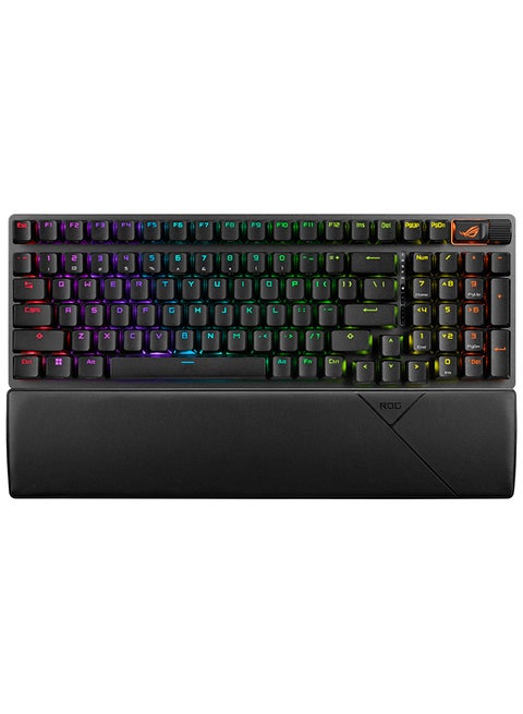 لوحة مفاتيح الألعاب اللاسلكية ASUS ROG Strix Scope II 96، اتصال ثلاثي الأوضاع، رغوة مخففة ووسادات ترطيب التبديل، مفاتيح ROG NX Storm مسبقة التشحيم قابلة للتبديل السريع، أغطية مفاتيح PBT، RGB-أسود