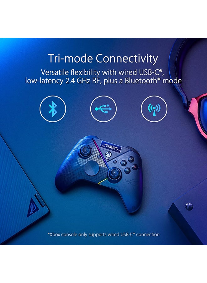 أسوس - وحدة تحكم الكمبيوتر ASUS ROG Raikiri Pro اللاسلكية، شاشة OLED، USB-C/2.4 جيجا هرتز/BT على الكمبيوتر، USB-C على Xbox، 4 أزرار خلفية قابلة لإعادة التعيين، مشغلات متدرجة/خطية، حساسية عصا التحكم قابلة للتعديل، مقبس 3.5 مم، ESS DAC - Image 1