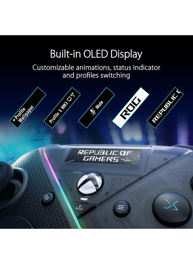 أسوس - وحدة تحكم الكمبيوتر ASUS ROG Raikiri Pro اللاسلكية، شاشة OLED، USB-C/2.4 جيجا هرتز/BT على الكمبيوتر، USB-C على Xbox، 4 أزرار خلفية قابلة لإعادة التعيين، مشغلات متدرجة/خطية، حساسية عصا التحكم قابلة للتعديل، مقبس 3.5 مم، ESS DAC - Image 1