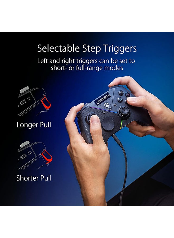 أسوس - وحدة تحكم الكمبيوتر ASUS ROG Raikiri Pro اللاسلكية، شاشة OLED، USB-C/2.4 جيجا هرتز/BT على الكمبيوتر، USB-C على Xbox، 4 أزرار خلفية قابلة لإعادة التعيين، مشغلات متدرجة/خطية، حساسية عصا التحكم قابلة للتعديل، مقبس 3.5 مم، ESS DAC - Image 1