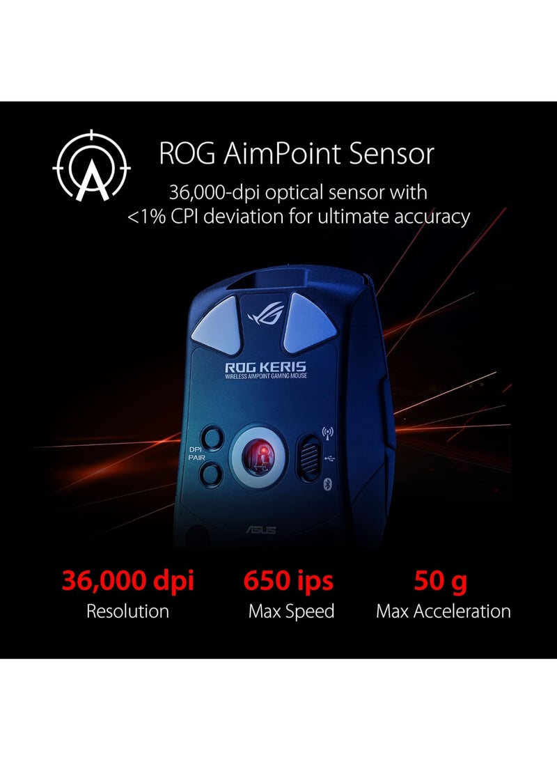 أسوس - ماوس الألعاب Asus ROG Keris Wireless AimPoint، اتصال ثلاثي الوضع (2.4 جيجا هرتز RF، بلوتوث، سلكي)، مستشعر 36000 نقطة في البوصة، 5 أزرار قابلة للبرمجة، ROG SpeedNova، مفاتيح قابلة للاستبدال، كابل باراكورد، أبيض - Image 1
