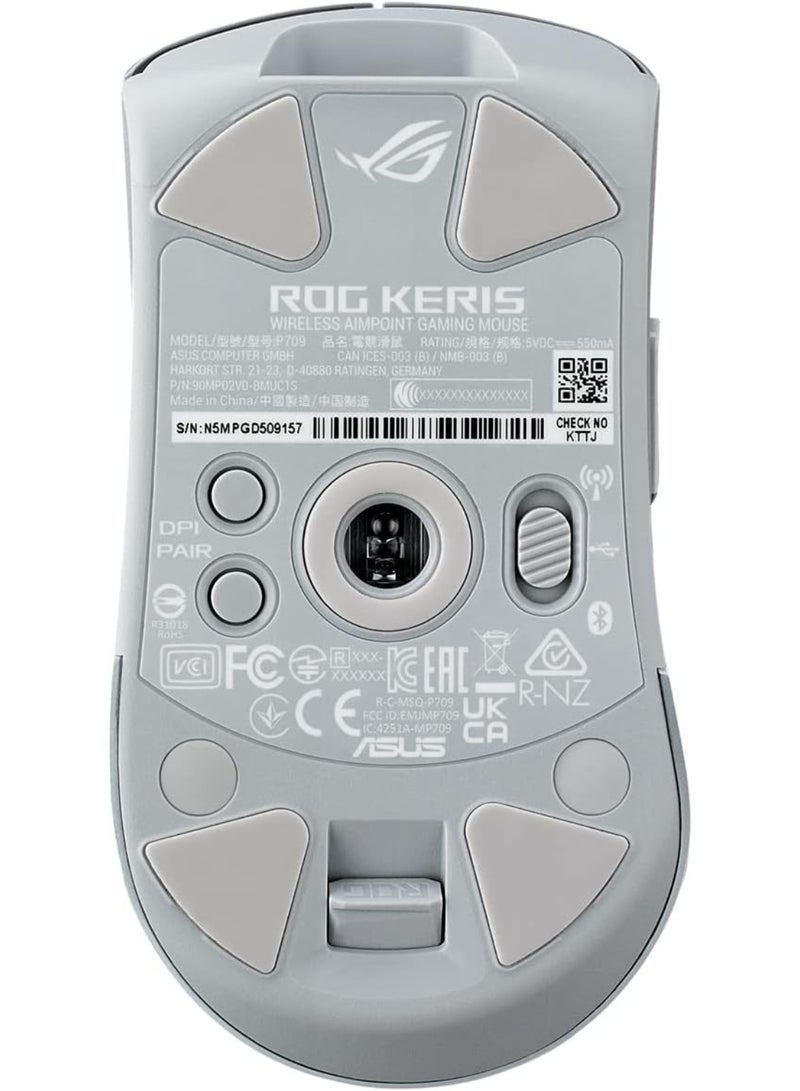 أسوس - ماوس الألعاب Asus ROG Keris Wireless AimPoint، اتصال ثلاثي الوضع (2.4 جيجا هرتز RF، بلوتوث، سلكي)، مستشعر 36000 نقطة في البوصة، 5 أزرار قابلة للبرمجة، ROG SpeedNova، مفاتيح قابلة للاستبدال، كابل باراكورد، أبيض - Image 1