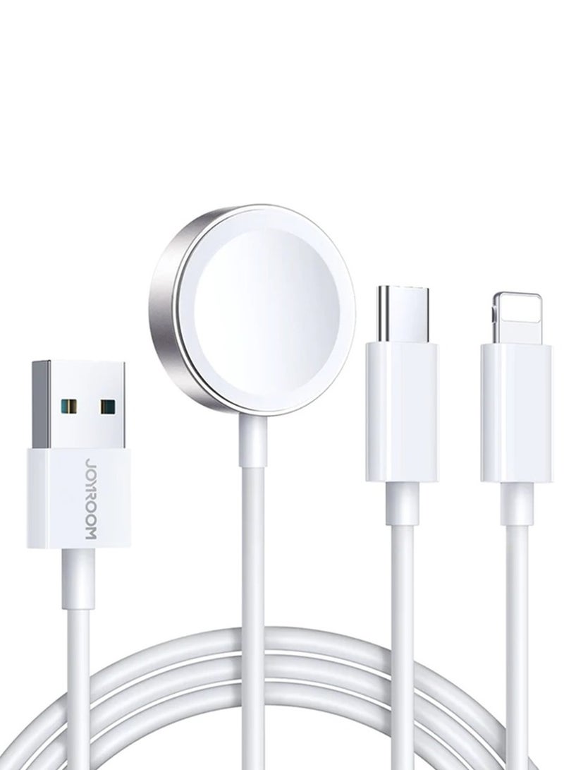 JOYROOM S-IW008 3-In-1 iP Watch Magnetic Charger+Lightning+Type-C cable (USB-A) 1.2M White  - Image 1