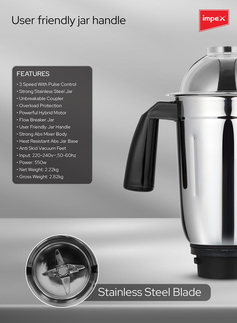 Impex - Blender 2 In 1 Mixer Grinder, Powerful Motor, Stainless Steel Jars And Blade, 3 Speed With Pulse Control, Overload Protection 550 W BL 319C Black - Image 1