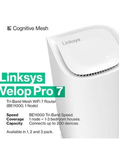 LINKSYS Velop Pro 7 WiFi Mesh System | One Cognitive Mesh Tri-Band Router with Over 10 Gbps Speeds | Whole Home Coverage up to 3,000 sq. ft. | Connect 200+ Devices | 1 Pack MBE7001 white  - Image 2
