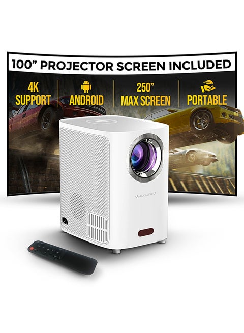 Smart Mini Android Projector 5500 Lumens With 100 Inch Projector Screen Built-In Dual Hi-Fi Speakers Supported 1080P 60FPS Portable Projector 4K PROJ-WO-83-AN_SCR-03 White