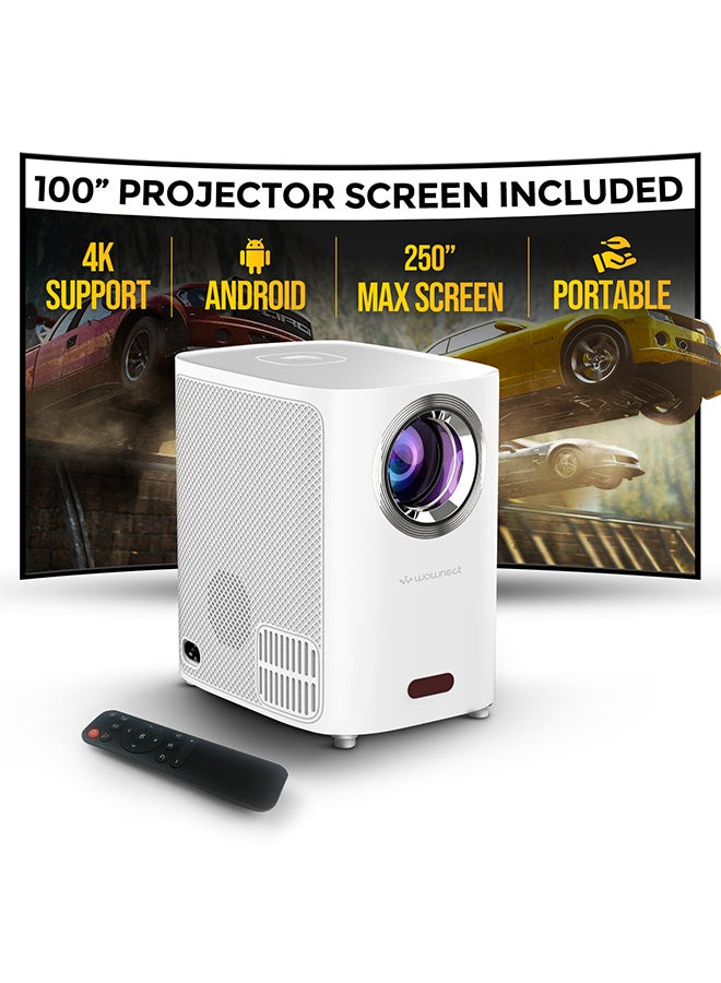 Wownect - Smart Mini Android Projector 5500 Lumens With 100 Inch Projector Screen Built-In Dual Hi-Fi Speakers Supported 1080P 60FPS Portable Projector 4K PROJ-WO-83-AN_SCR-03 White - Image 1