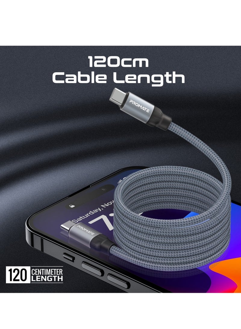 PROMATE USB-C to USB-C Premium Magnetic Self-Organizing Cable with 60W Power Delivery and 120cm Durable Nylon Braided Sync and Charge Cable, Reversible Connectors, Thick Copper Core, Springy Grey - Image 4