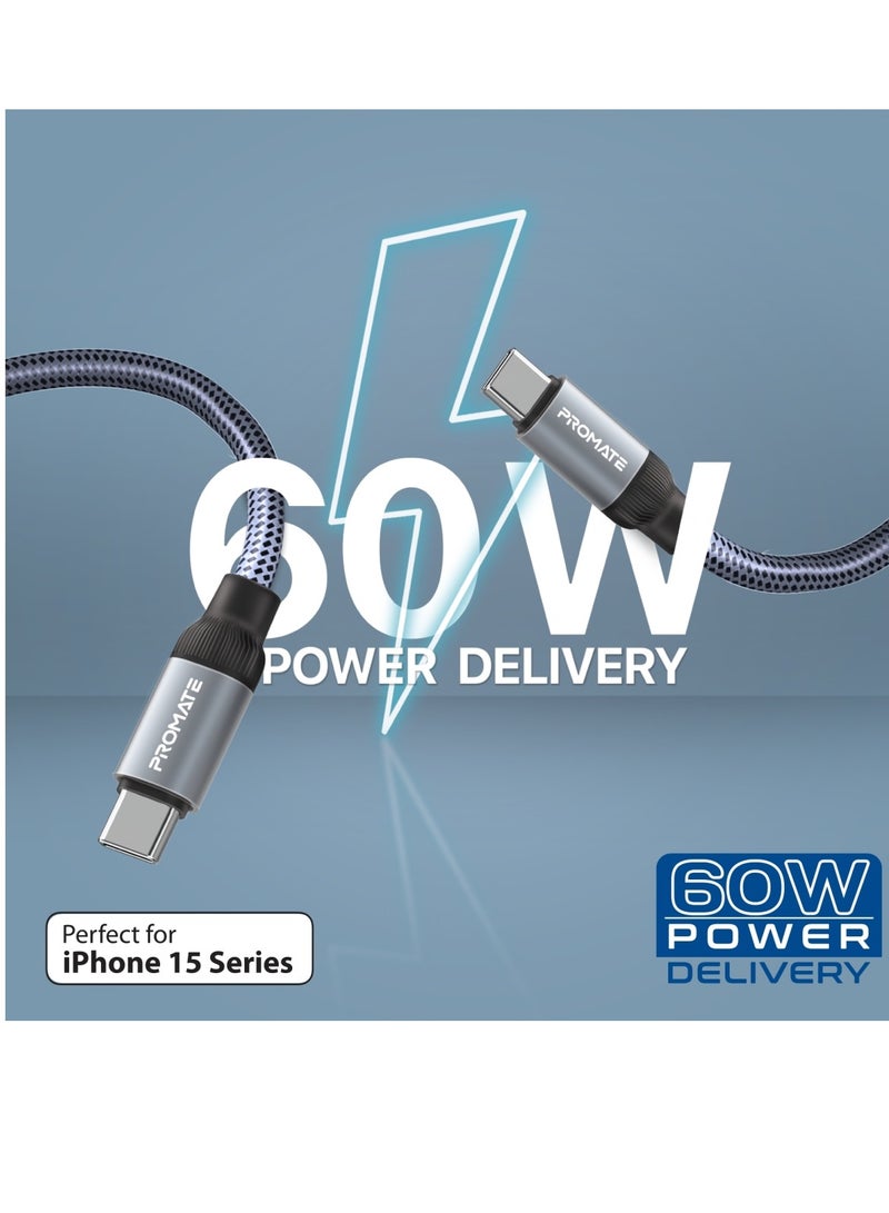 PROMATE USB-C to USB-C Premium Magnetic Self-Organizing Cable with 60W Power Delivery and 120cm Durable Nylon Braided Sync and Charge Cable, Reversible Connectors, Thick Copper Core, Springy Grey - Image 3