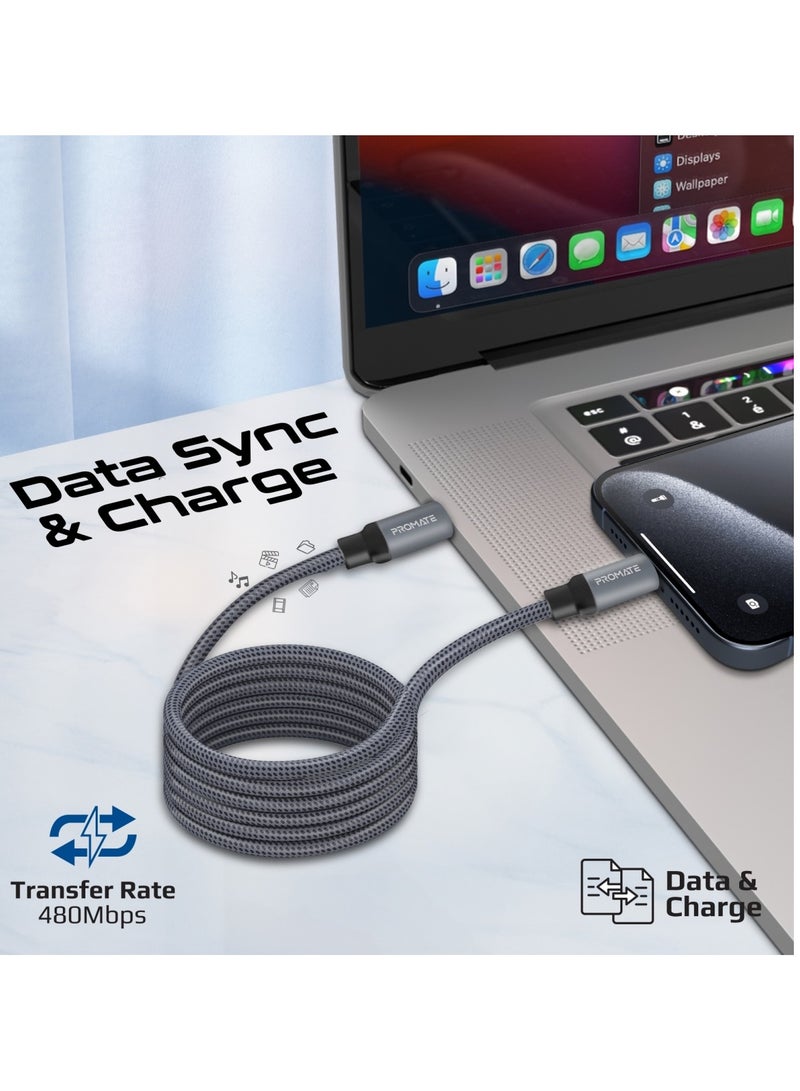 PROMATE USB-C to USB-C Premium Magnetic Self-Organizing Cable with 60W Power Delivery and 120cm Durable Nylon Braided Sync and Charge Cable, Reversible Connectors, Thick Copper Core, Springy Grey - Image 5