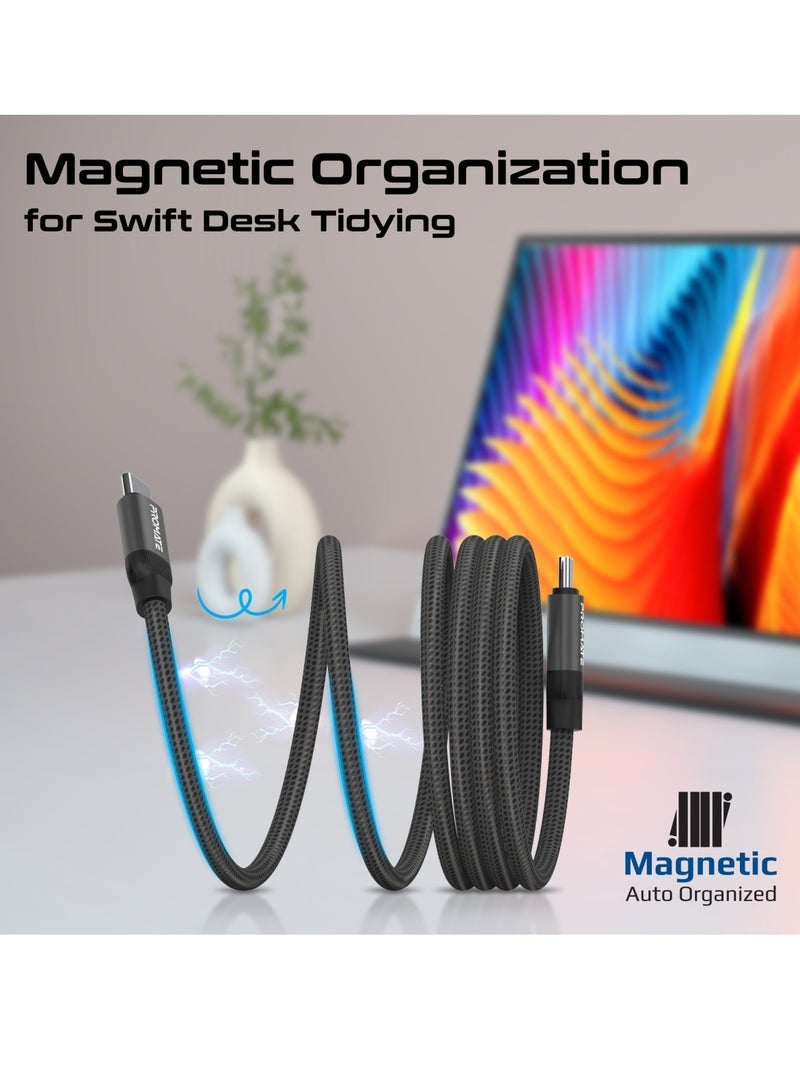 PROMATE USB-C™ to USB-C™ Premium Magnetic Self-Organizing Cable with 60W Power Delivery and 120cm Durable Nylon Braided Sync and Charge Cable, Reversible Connectors, Thick Copper Core, Springy Black  - Image 2