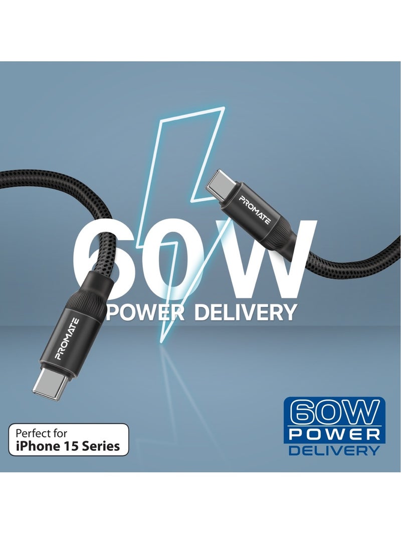 PROMATE USB-C™ to USB-C™ Premium Magnetic Self-Organizing Cable with 60W Power Delivery and 120cm Durable Nylon Braided Sync and Charge Cable, Reversible Connectors, Thick Copper Core, Springy Black  - Image 3