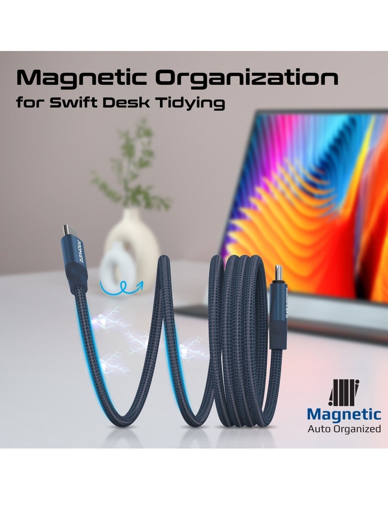 PROMATE - USB-C to USB-C Premium Magnetic Self-Organizing Cable with 60W Power Delivery and 120cm Durable Nylon Braided Sync and Charge Cable, Reversible Connectors, Thick Copper Core, Springy Blue - Image 1