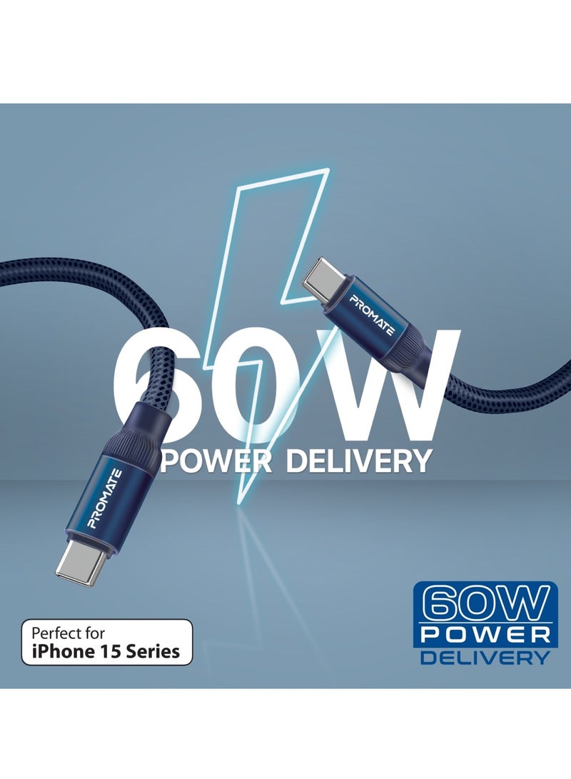 PROMATE - USB-C to USB-C Premium Magnetic Self-Organizing Cable with 60W Power Delivery and 120cm Durable Nylon Braided Sync and Charge Cable, Reversible Connectors, Thick Copper Core, Springy Blue - Image 1