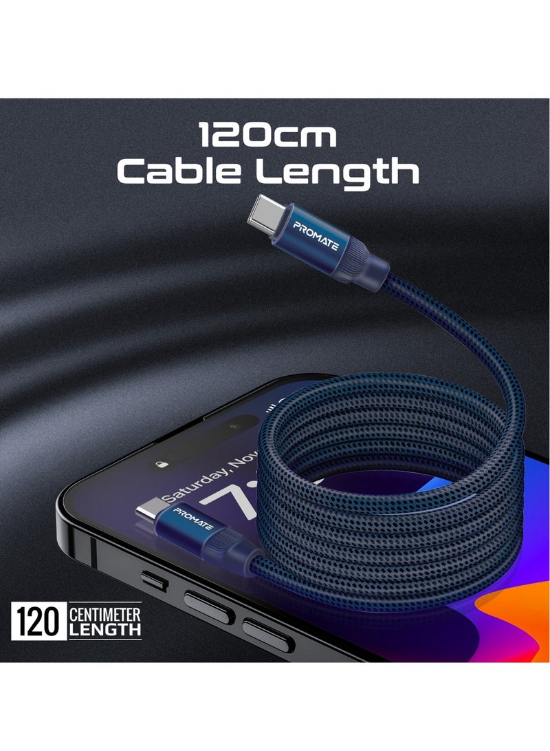 PROMATE - USB-C to USB-C Premium Magnetic Self-Organizing Cable with 60W Power Delivery and 120cm Durable Nylon Braided Sync and Charge Cable, Reversible Connectors, Thick Copper Core, Springy Blue - Image 1