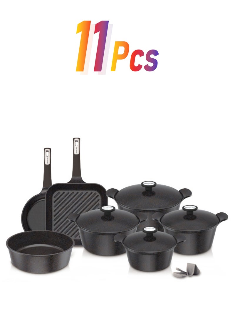 نيو فلام طقم أواني جرانيت إكستريما كوري مكون من 11 قطعة، أسود