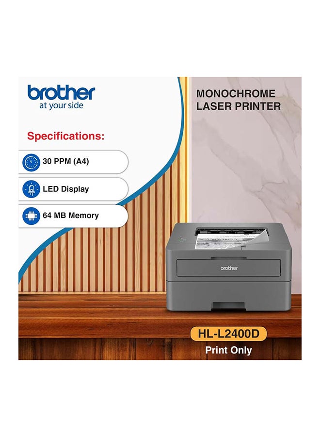 brother HL-L2400D Mono Laser Printer | Auto 2-sided Print | 1 Sheet Manual Feed Slot | Hi-Speed USB 2.0 | Print speed up to 30/32 ppm (A4/LTR) | Black And White Output - Grey  - Image 3