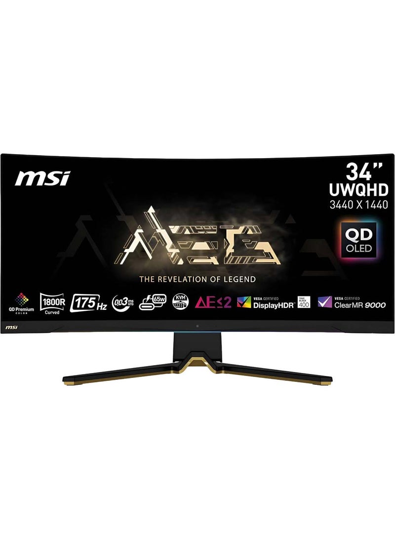 MSI - 34 Inch Curved Gaming Monitor OLED MEG 342C QD, 3440 x 1440 (UWQHD), OLED, 0.1ms, 175Hz, FreeSync Premium, HDR 400, HDMI, DP Port, USB Type C, Tilt, Height Black - Image 1