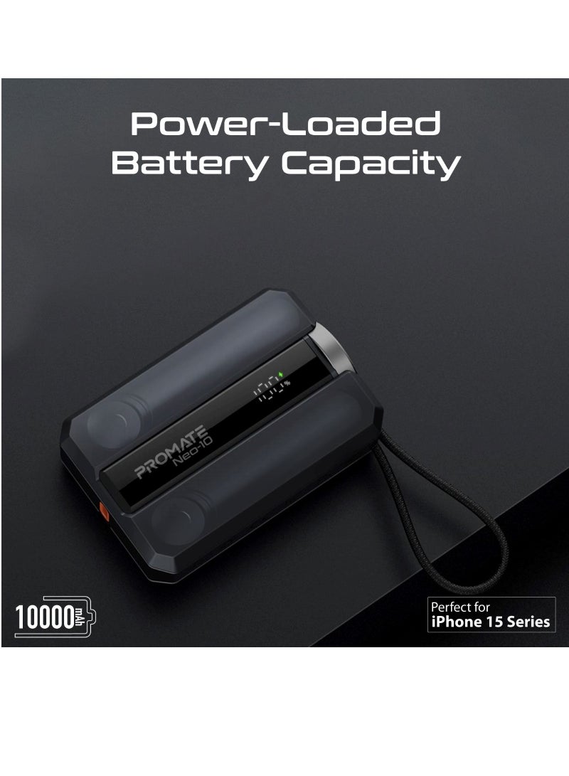 PROMATE 10000 mAh Power Bank, Ultra-Compact Portable Power Pack with Built-In 30W USB-C™ Cable, USB-C™ Power Delivery Port Black  - Image 2