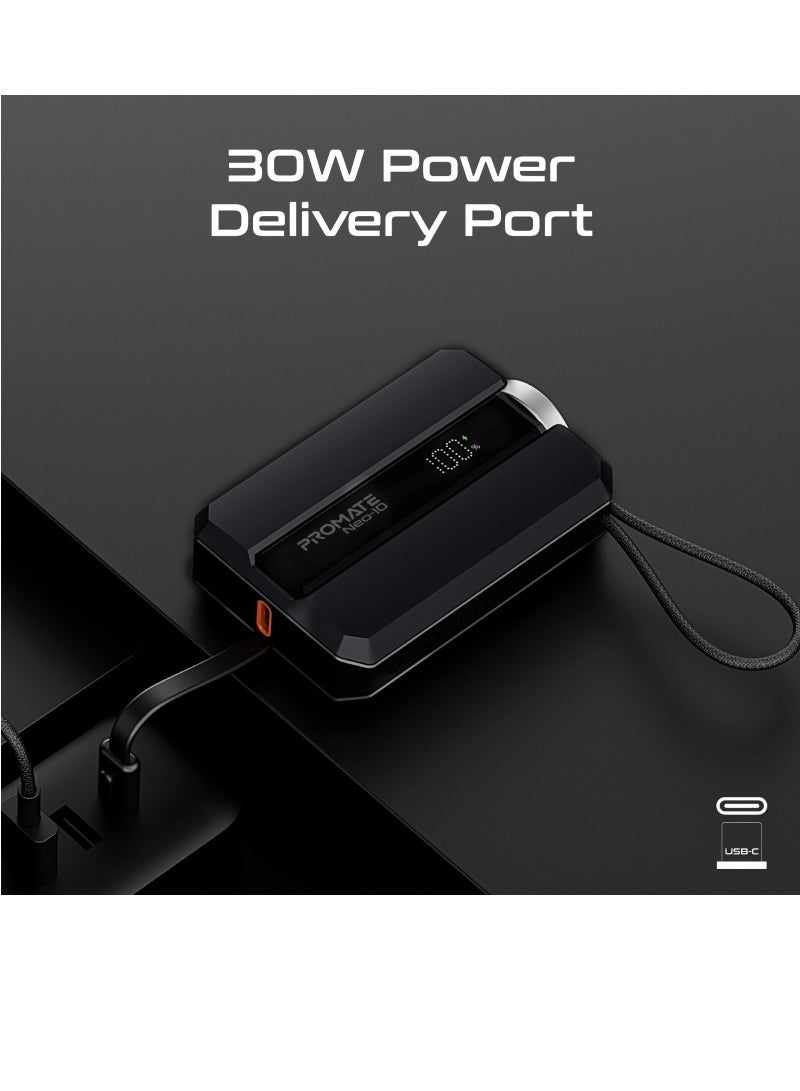 PROMATE 10000 mAh Power Bank, Ultra-Compact Portable Power Pack with Built-In 30W USB-C™ Cable, USB-C™ Power Delivery Port Black  - Image 4