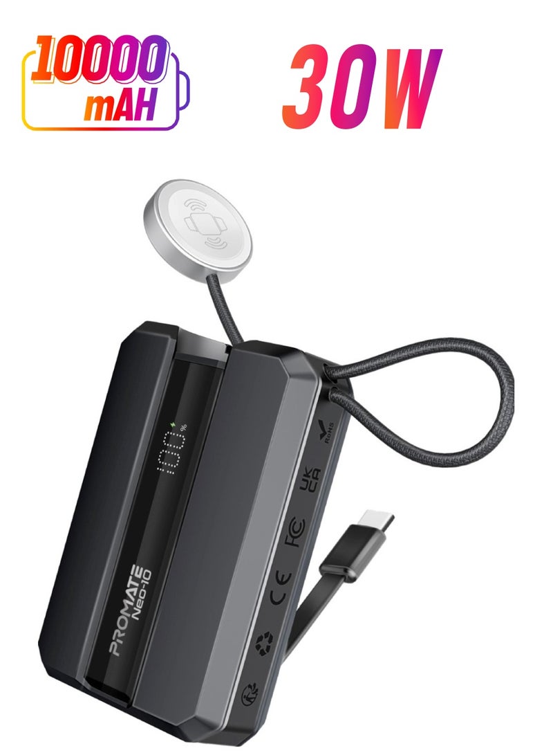 PROMATE 10000 mAh Power Bank, Ultra-Compact Portable Power Pack with Built-In 30W USB-C™ Cable, USB-C™ Power Delivery Port Black  - Image 1